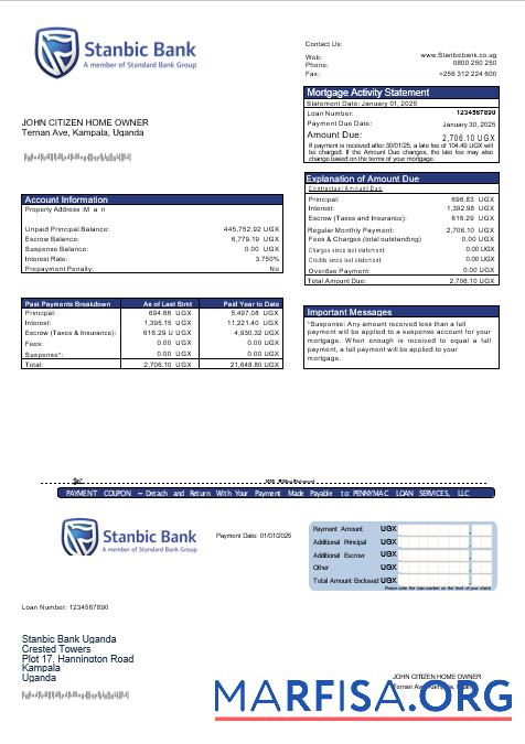 Realistic Uganda Stanbic bank mortgage statement in Word and PDF formats download for verification